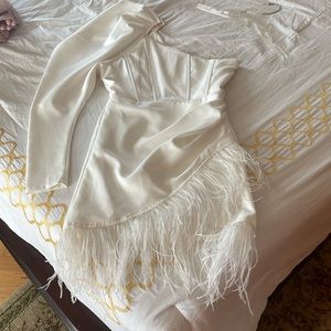 Ostrich Feather Trimmed White One Shoulder Dress